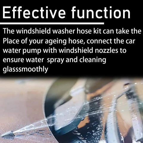 All In One Universal Windshield Washer Hose Kit text with water spray on windshield.
