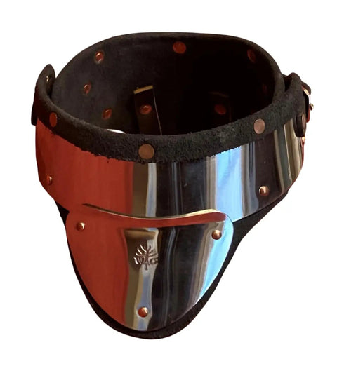 Stainless Steel And Leather Gorget For SCA Rapier Longsword And Medieval Armor Combat built to last, suede backing, close-up