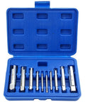 Rock Solid 10 Pc HSS Tap Extractor Set For Broken Head Screw Bolt Removal With Stripped Screw Kit Including 3 Flute And 4 Flute Grippers Plus Storage Box For Easy Garage Handyman Work, blue case open with HSS extractors
