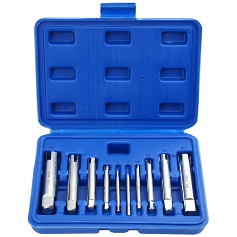Rock Solid 10 Pc HSS Tap Extractor Set For Broken Head Screw Bolt Removal With Stripped Screw Kit Including 3 Flute And 4 Flute Grippers Plus Storage Box For Easy Garage Handyman Work, blue case open with HSS extractors