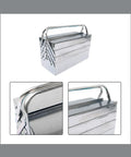 No Fuss Folding Stainless Steel Gear Case With Easy Grip Carry Handle in silver color with cantilever shelves, 18.31x7.95x10.31 inches.