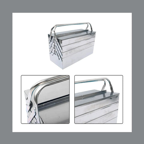 No Fuss Folding Stainless Steel Gear Case With Easy Grip Carry Handle in silver color with cantilever shelves, 18.31x7.95x10.31 inches.