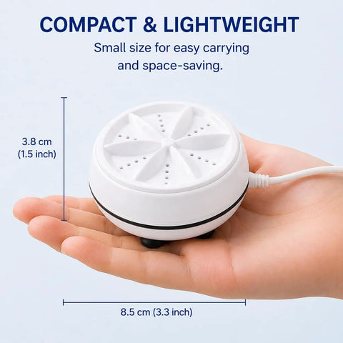 2-in-1 Mini Ultrasonic Washing Machine Portable USB Turbo Washer Compact Laundry Cleaner shown in hand for scale.
