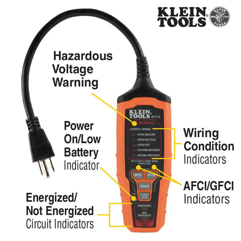 Pro Grade AFCI and GFCI Outlet Tester for North American Receptacles with wiring and circuit indicators visible on device.