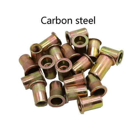 Super Cool Flat Head Threaded Insert Nuts M3 To M12 Plus Knurled Grip Body Steel Rivet Nuts With Countersunk Design, carbon steel, knurled grip, assorted sizes