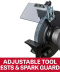 Adjustable tool rests and spark guards on 10 Inch Bench Grinder With Badass 1.5 Hp Motor Spinning At 1800 Rpm.