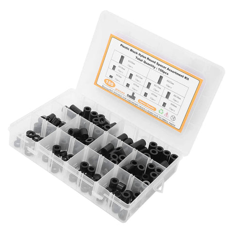 Black Nylon Spacers Assortment Kit 150 Piece Set For PCB Mounting And Electrical Projects With Standoff Washers Durable Heat Resistant Hardware In 10 Sizes From 3mm To 25mm Includes Storage Box, open organizer box