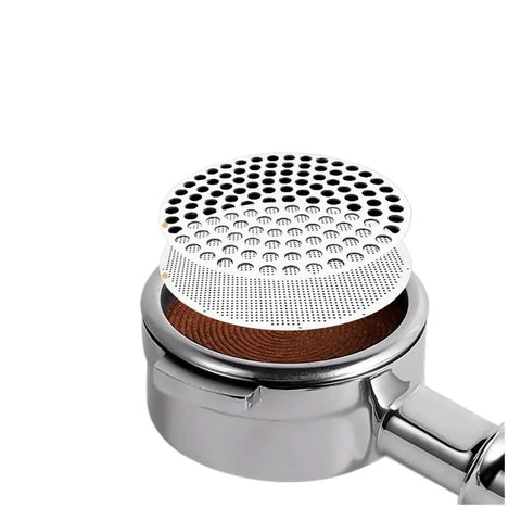 Top Shelf Reusable Espresso Puck Screen Built From Heavy Duty 304 Stainless Steel Fits 51mm 54mm And 58mm Baskets, placed in portafilter.