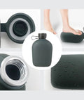 Camouflage Insulated Water Bottle 1L with Strap and Thermal Lining, highlights include cap, durability test, and closeup details.