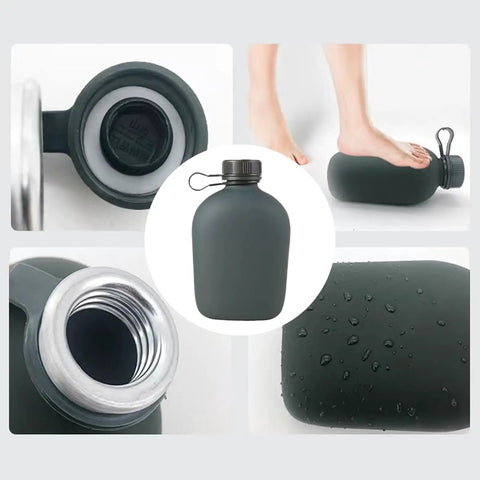 Camouflage Insulated Water Bottle 1L with Strap and Thermal Lining, highlights include cap, durability test, and closeup details.