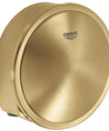 Close-up of Grohe brushed gold faucet control knob for Cool Sunrise Brushed Tub Filler Faucet With Integrated Waste And Overflow Drain Includes Mounting Hardware And Matching Stopper Plug For A Slick Bathroom Flex Upgrade.