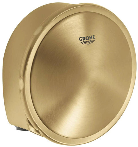 Close-up of Grohe brushed gold faucet control knob for Cool Sunrise Brushed Tub Filler Faucet With Integrated Waste And Overflow Drain Includes Mounting Hardware And Matching Stopper Plug For A Slick Bathroom Flex Upgrade.