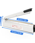 Heavy Duty Impulse Heat Sealer With 12 Inch Seal Bar And Built In Cutter Adjustable Temp For Plastic Bags, showing unit dimensions.