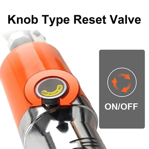 Close-up of orange knob type reset valve on 50 Ton Hydraulic Bearing Puller Tool Kit For Auto Industrial And Machinery Gear And Pulley Removal