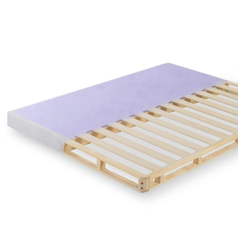 Full Size 4 Inch Low Profile Wood Box Spring Mattress Foundation with thick slats supporting a mattress, side view.