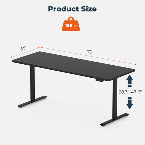 Fitstand Extra Large Standing Desk Dual Motor Electric Height Adjustable Sit Stand Workstation showing dimensions 79x31 inches, black wood finish.