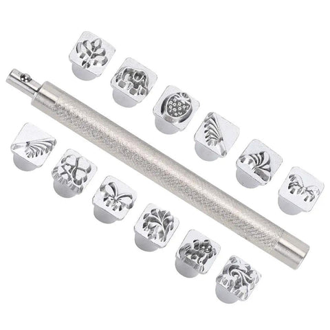 12-Piece Stamping Punch Tool Set for Leather Crafting with zinc alloy punches and varied patterns