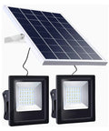 Top Shelf Solar Floodlights Featuring No Sweat Dusk To Dawn Sensor And Weatherproof Remote Control For Badass Garden And Street Lighting with solar panel and dual light fixtures.