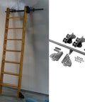 Heavy Duty Badass Round Tube Sliding Barn Door Hardware Track Kit Featuring Sleek Floor Roller Wheels with wooden ladder.