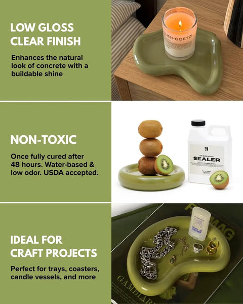 Top Shelf Water Based Acrylic Sealer For Concrete And Cement Crafts Low Gloss Non Toxic Formula on a decorative tray.