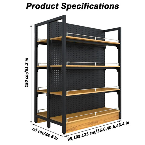 Built Tough Heavy Duty Double Sided Gondola Shelving Unit Commercial Retail Display Rack Adjustable Steel Frame With Wood Shelves Kickback Guardrail Pegboard Backing Pro Shop Ready Setup