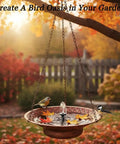 12.6 Inch Hanging Solar Bird Bath Fountain With Bronze Finish Sun Powered Bird Bath in a garden setting with birds