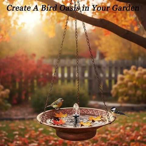 12.6 Inch Hanging Solar Bird Bath Fountain With Bronze Finish Sun Powered Bird Bath in a garden setting with birds