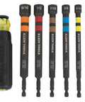 Ratcheting Impact Rated Hollow Power Nut Driver Set With Handle Magnetic And Color Coded Six SAE Hex Sizes From 1/4 Inch To 9/16 Inch Rare Earth Magnets For Quick Strong Driving, showing all sizes in a row.