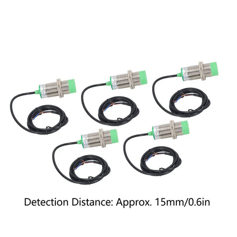 Inductive Proximity Sensor Switch Five Pack LJ30A3-15-Z, 15mm Detection, IP65, DC 6 to 36V, PNP Normally Open, 3-Wire, top view.