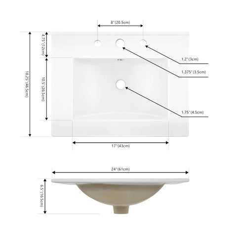 Top Tier 24 Inch Bathroom Sink Top Crafted From Heavy Duty White Ceramic With A No Fuss Three Hole Design, dimensions detailed.