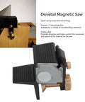 Dead On Accurate 7 Degree Dovetail Magnetic Saw Guide For Hand Woodworking Birdtail Joints Built Like A Tank Aluminum Alloy Build Precision Craft Jig shown with guiding rail on a wooden base.