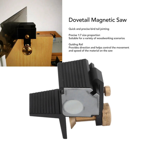 Dead On Accurate 7 Degree Dovetail Magnetic Saw Guide For Hand Woodworking Birdtail Joints Built Like A Tank Aluminum Alloy Build Precision Craft Jig shown with guiding rail on a wooden base.