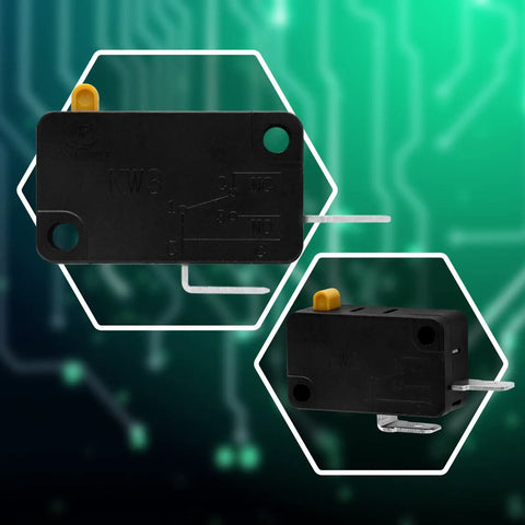 KW3 Snap Action Switch Normally Open 125V/250V Micro Limit Switch for appliances, 2 pins, front and side view.