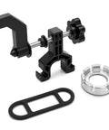 Slick Portable Bike Wheel Truing Stand components including a black clamp, spoke wrench, and rubber gasket for spoke adjustment.