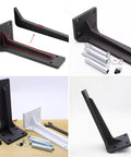 Rock Solid Heavy Duty Folding Shelf Brackets 2 Pack Wall Mounted Right Angle Supports For Open Shelving DIY Projects Ready To Install With Hardware White Powder Coated Steel, showing black and white brackets with hardware.