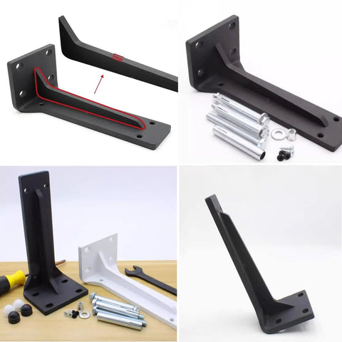 Rock Solid Heavy Duty Folding Shelf Brackets 2 Pack Wall Mounted Right Angle Supports For Open Shelving DIY Projects Ready To Install With Hardware White Powder Coated Steel, showing black and white brackets with hardware.