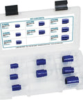 Metric AC Compressor Block Off Plate Kit Crafted From Heavy Duty Solid Aluminum, featuring assorted sizes in a clear storage case.