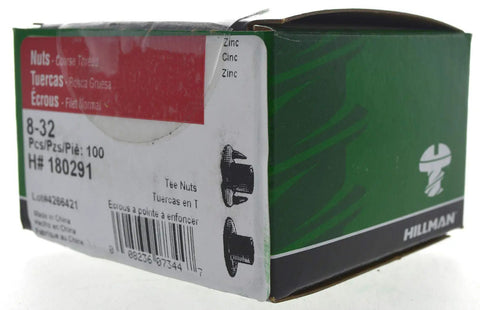 Pro Grade Size 8 32 Pronged Tee Nuts Tough As Nails Zinc Plated Steel 100 Count box side view with product details.