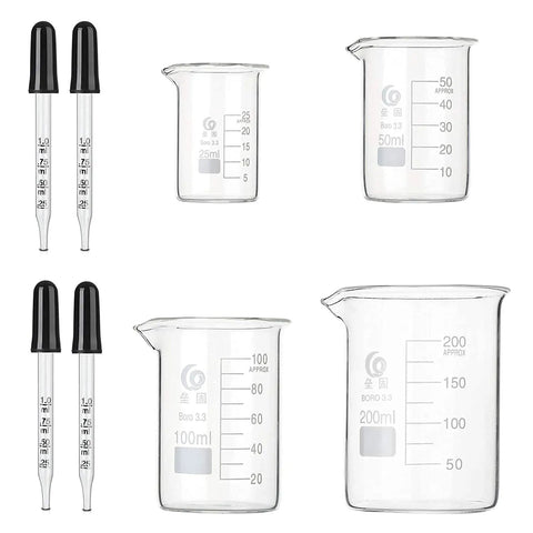 Low Form Borosilicate Glass Beaker Set With 25ml 50ml 100ml 200ml Graduated Beakers And 4 Pcs 1ml Pipettes Thick Wall Lab Gear