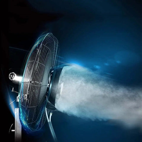 Heavy Duty 30 Inch Outdoor Pedestal Fan With Built In Mist Spray High Velocity Oscillating Cooler Energy Efficient misting airflow.