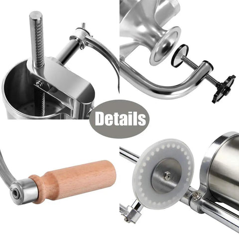 Stainless Steel Vertical Sausage Maker Filler With Suction Base And Manual Crank For Home Use Or Small Businesses No Batteries Needed Make Fresh Sausages And Hot Dogs At Home 2.5 Lbs Capacity showing close-up details of components.