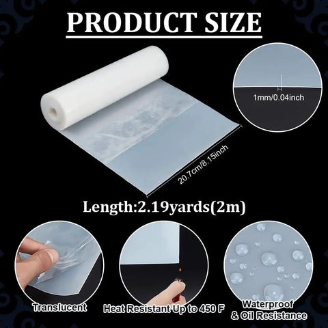 Translucent Silicone Roll Sheet 78.7 By 8.1 Inches, 60A Durometer, 1 mm thick, shown unrolled with product size details.