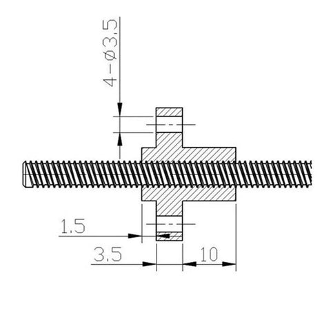 Technical drawing of 8mm Lead Screw For 3D Printer Z Axis 600mm Length 4 Start 8mm Lead 2mm Pitch Brass Flange Included