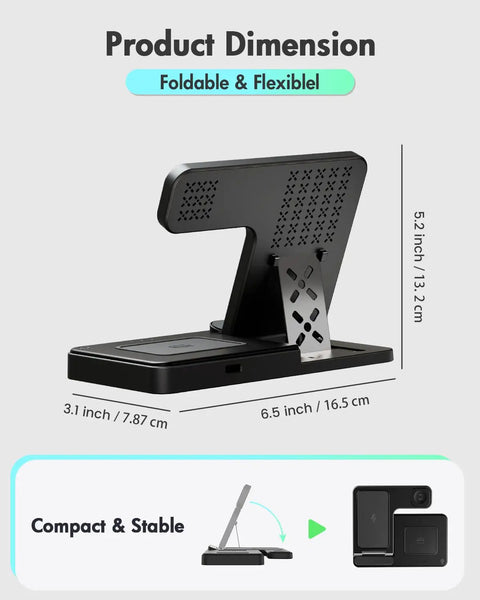 Dimensions of 3 In 1 Wireless Charging Station For iPhone Watch And AirPods Fast Drop In Charger Stand, foldable design