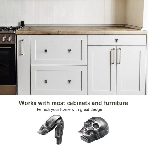Dope Four Pack Skull Drawer Knobs Zinc Alloy Heavy Duty Hidden Handle With Screws for Decorative Drawers Antique Silver Finish in kitchen
