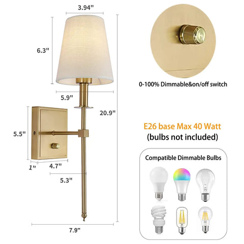 Gold Linen Wall Sconce Dimmable On Off Dimmer Modern Bathroom Vanity Light dimensions and features guide