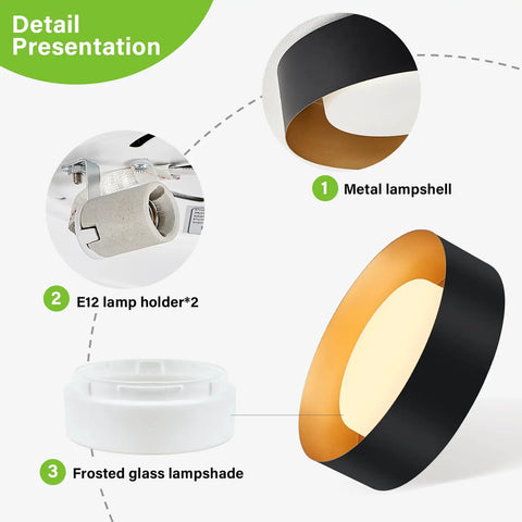 Detail view showing components of Modern Black And Gold Flush Mount Ceiling Light With Glass Drum Shade Close To Ceiling Round Fixture