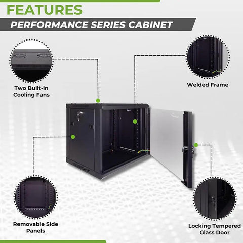 Heavy Duty 9U Wall Mount Server Cabinet Built Like A Tank Network Storage Rig featuring lockable glass door and cooling fans.
