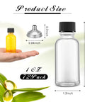 Clear Boston Round Glass Bottles With Black Screw Cap, One Oz Capacity, Complete Kit With Seventy Two Self Stick Labels, Four Precision Funnels, And Fine Liner For Slick DIY Blending, No Fuss Organization, And Totally Solid Storage Set size comparison with 1oz bottle and funnel.
