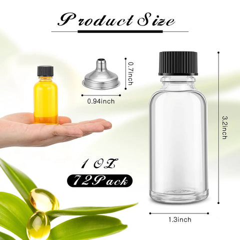 Clear Boston Round Glass Bottles With Black Screw Cap, One Oz Capacity, Complete Kit With Seventy Two Self Stick Labels, Four Precision Funnels, And Fine Liner For Slick DIY Blending, No Fuss Organization, And Totally Solid Storage Set size comparison with 1oz bottle and funnel.